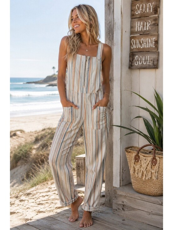 Billabong Pants - Billabong Light The Night Overalls Womens M Striped Utility Bib Jumpsuit Zip